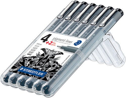 FINELINER STAEDTLER PIGMENT 308 ASS SCHRIJFBR ZWART 4+2 GRATIS STUK